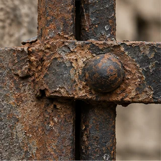 Rugină adunată în jurul unui nit, la îmbinarea a două bare