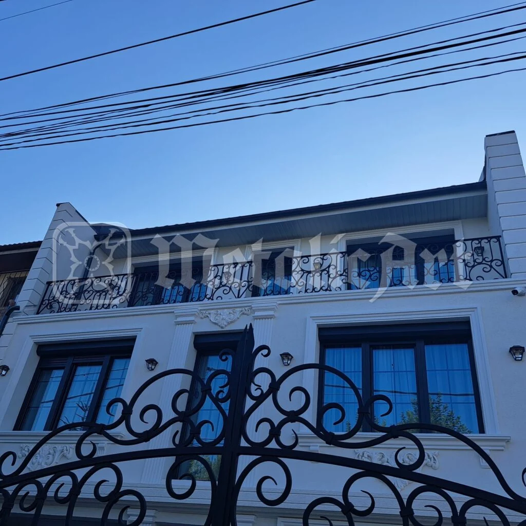 Balcoanele și coama porții, văzute din stradă.