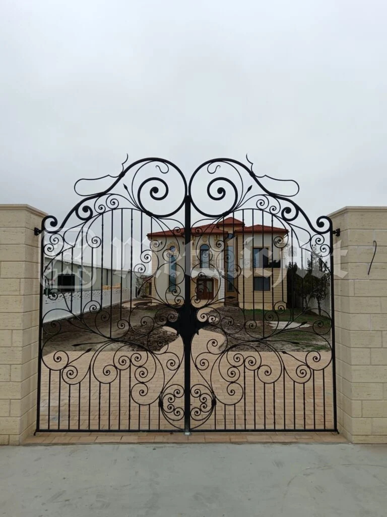 Poarta auto văzută din stradă, cu casa în spate.