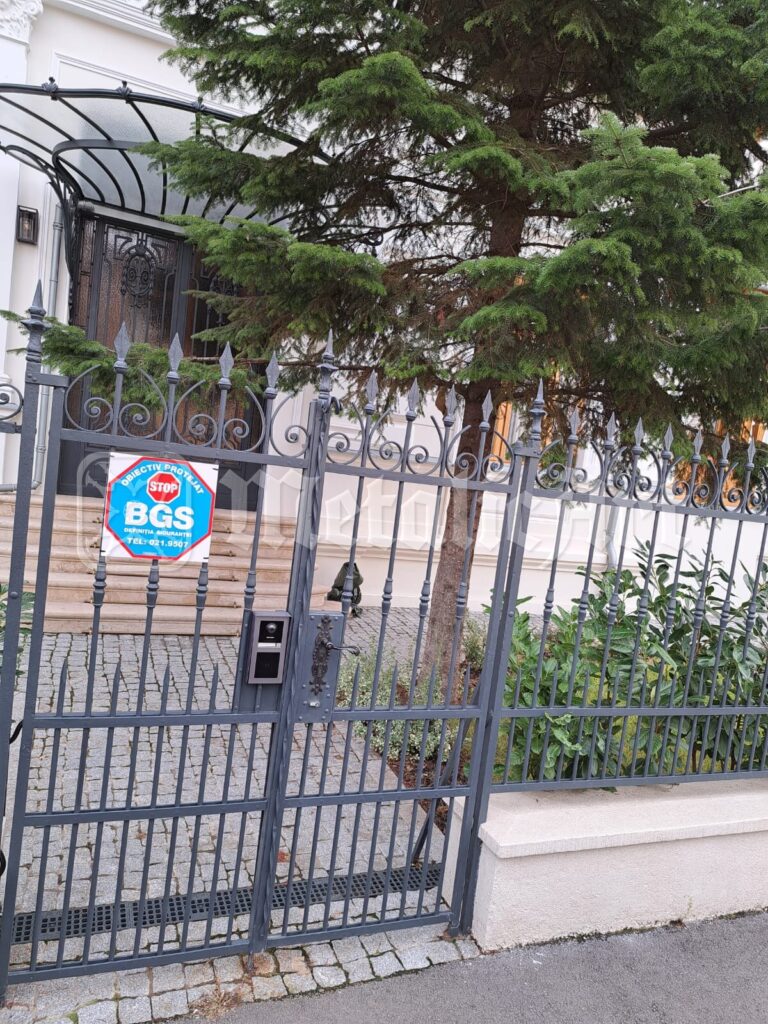 Poarta de intrare, cu copertina forjată deasupra.