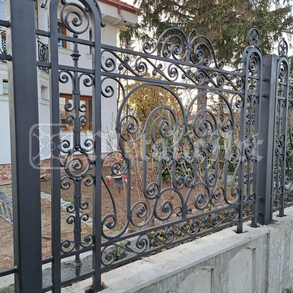 Gardul și fațada casei, văzute din curte.